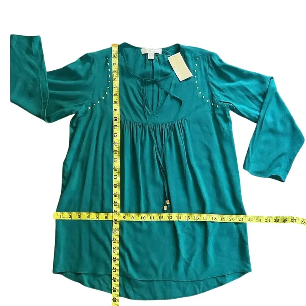 Michael Michael Kors Teal Peasant Blouse XS NWT Boho Top Gold Stud Detail Retro